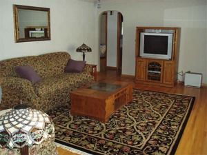 Cozy living room with patterned sofa, wooden coffee table, TV stand, and floral rug