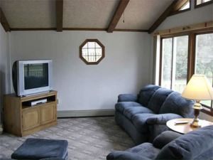 Living room with blue sofas, TV, lamp, and octagonal window in a sunlit corner.