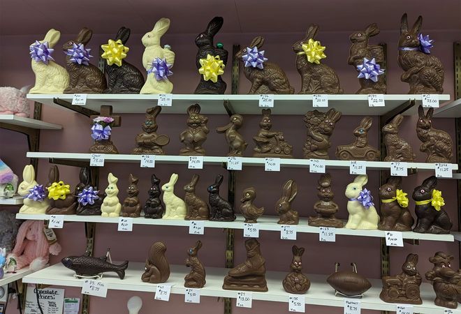 Shelves display various chocolate Easter bunnies, some with ribbons.