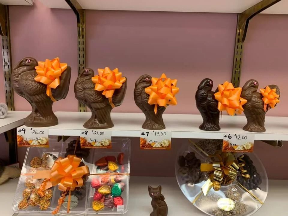 Chocolate turkeys with orange bows on a shelf in a store.
