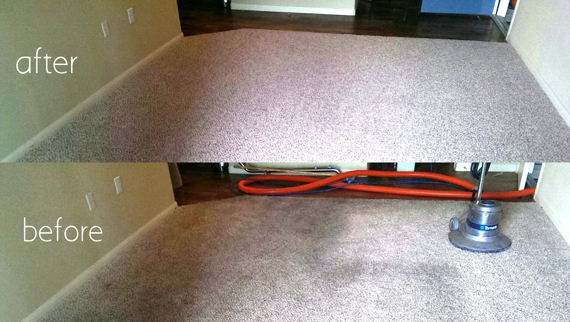 Before-and-after of a carpeted floor repair near a doorway, with a patch removed in the lower image.