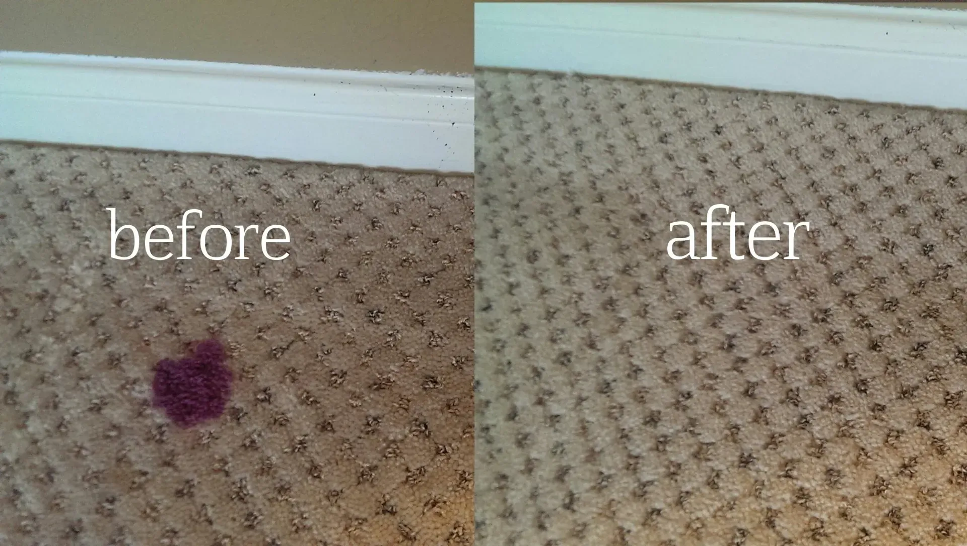 Carpet stain before and after cleaning, showing a purple spot removed from beige carpet.