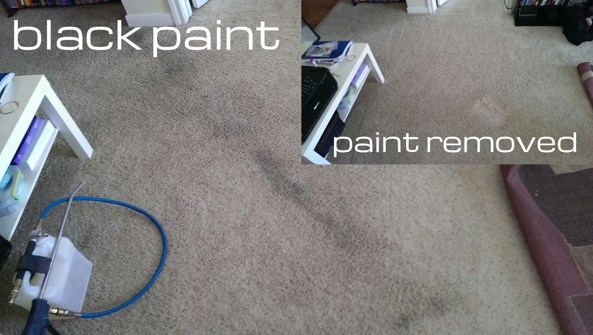 Carpet with a black paint stain and a nearby area where paint has been removed