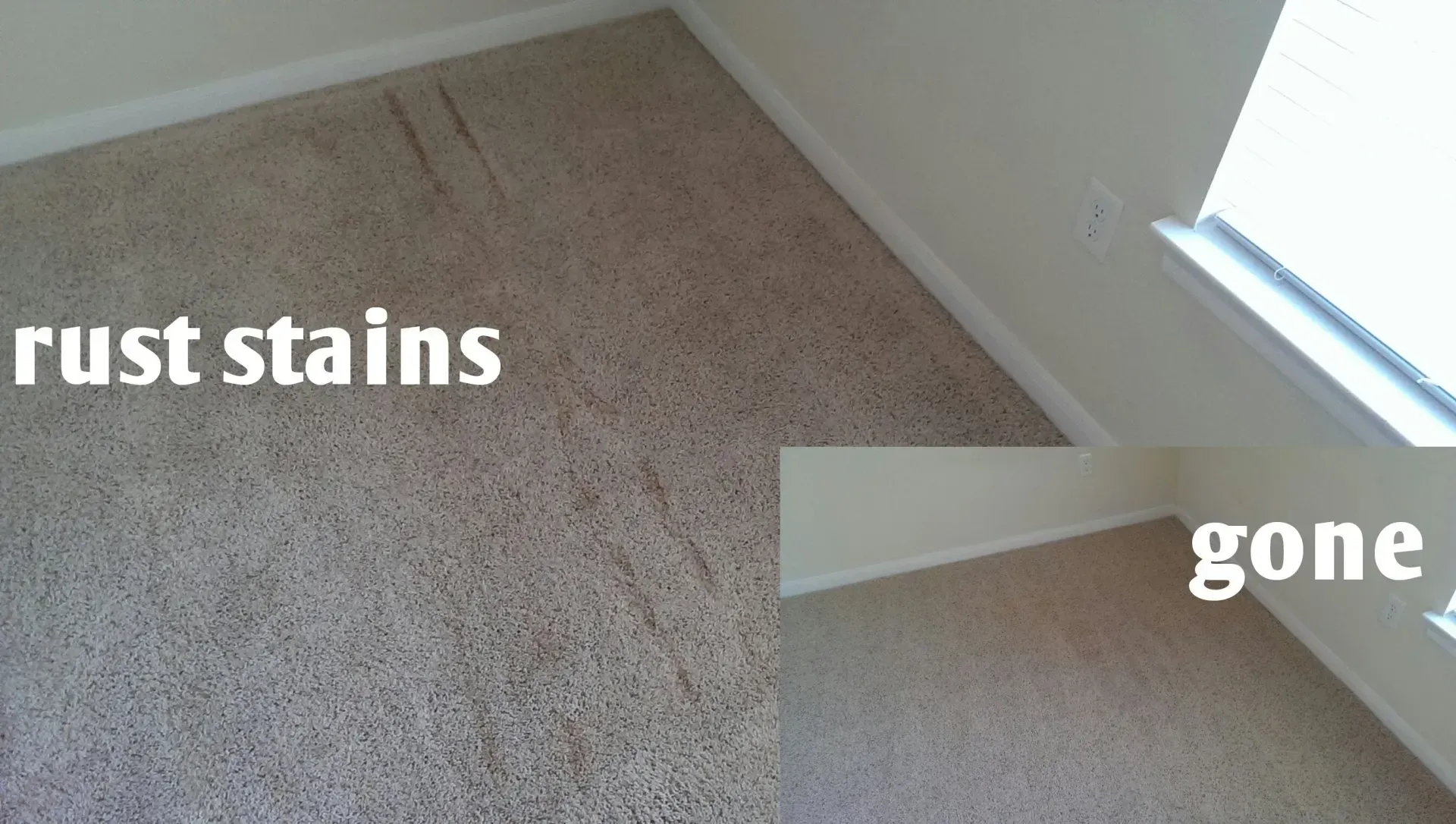 Carpeted corner before-and-after: rust stains on the left, clean carpet on the right.