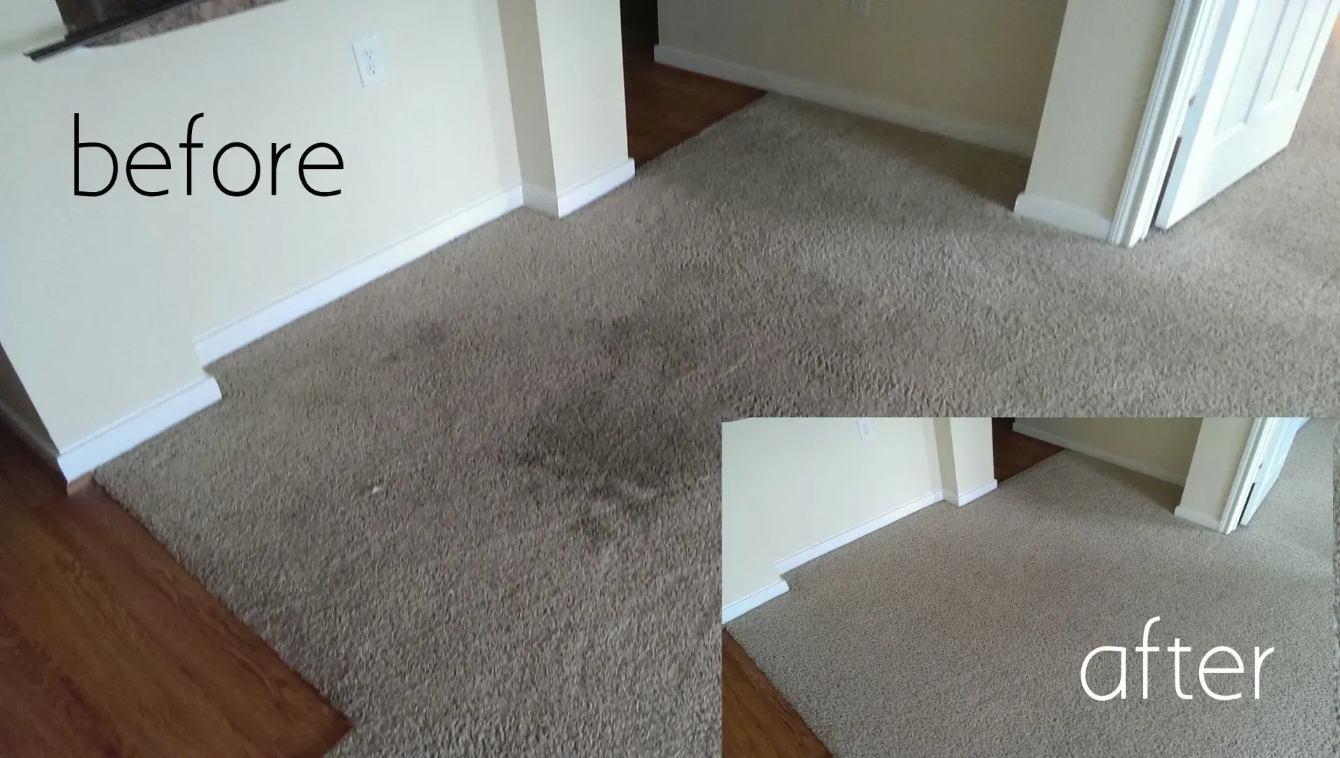 Before and after view of a carpeted hallway, showing a cleaned beige carpet section.