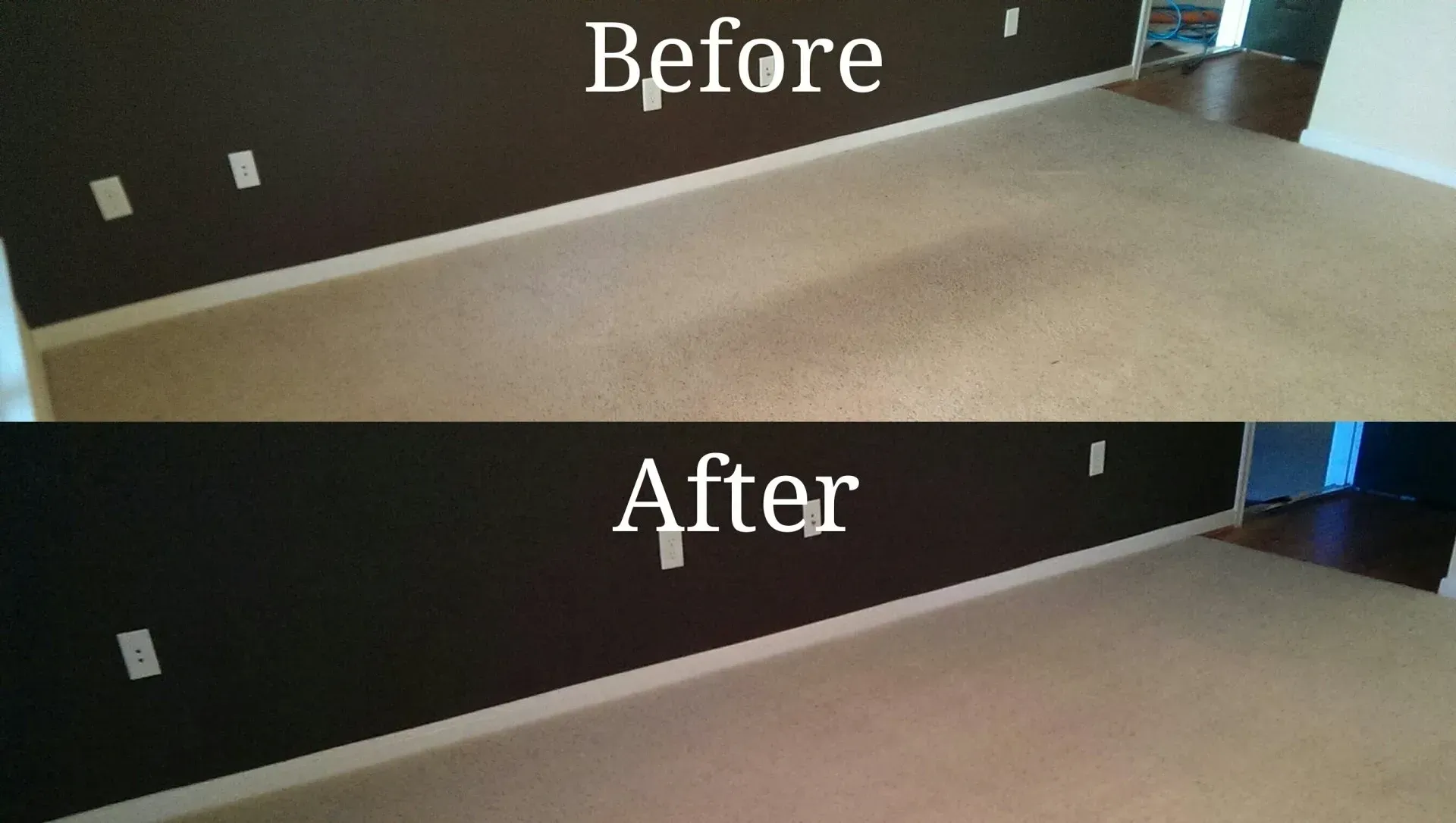 Before and after comparison of a room with dark walls and beige carpet, showing the floor cleared out.