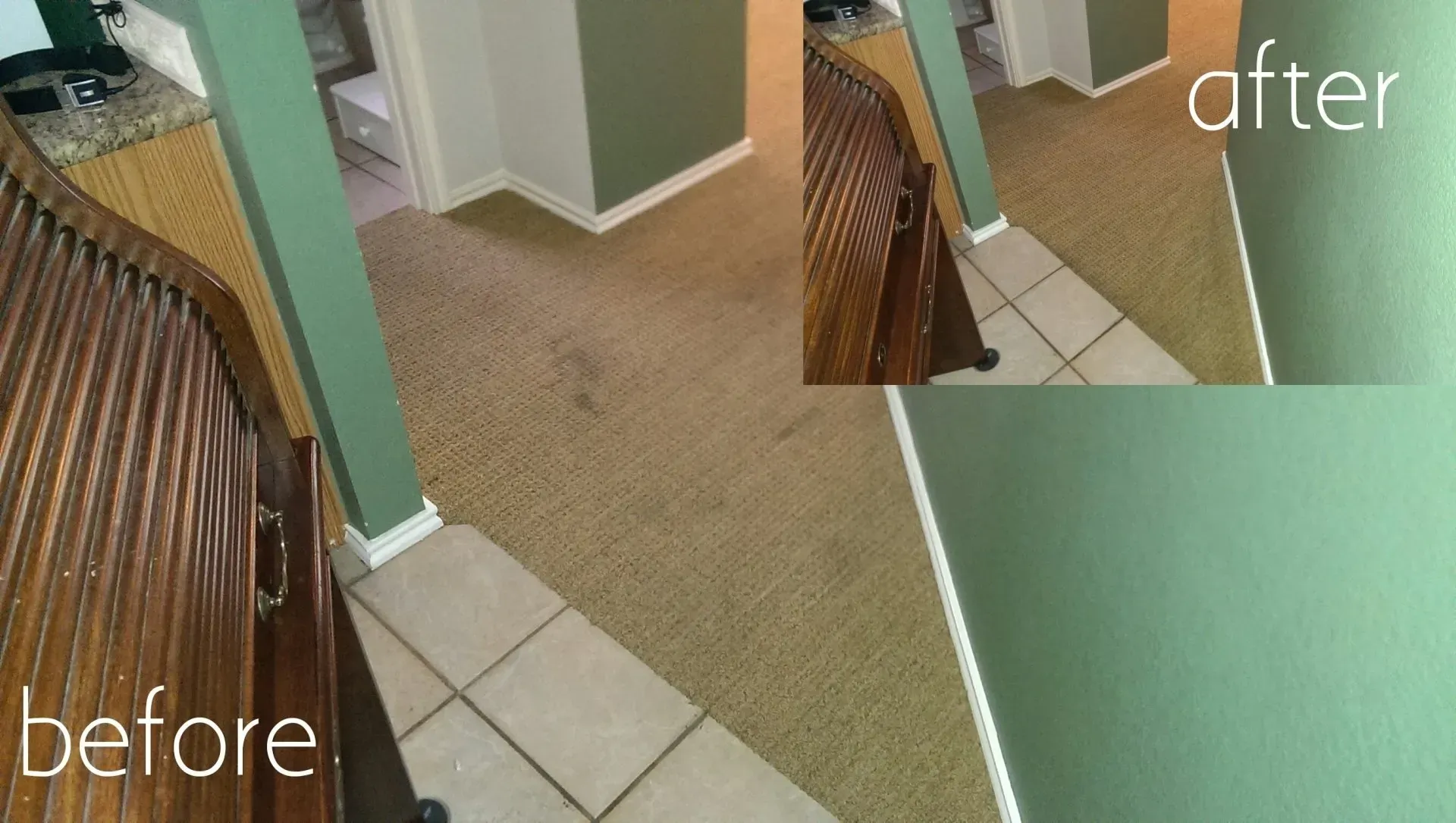 Before-and-after of a carpeted hallway with tile edge and green walls, showing the flooring transition.