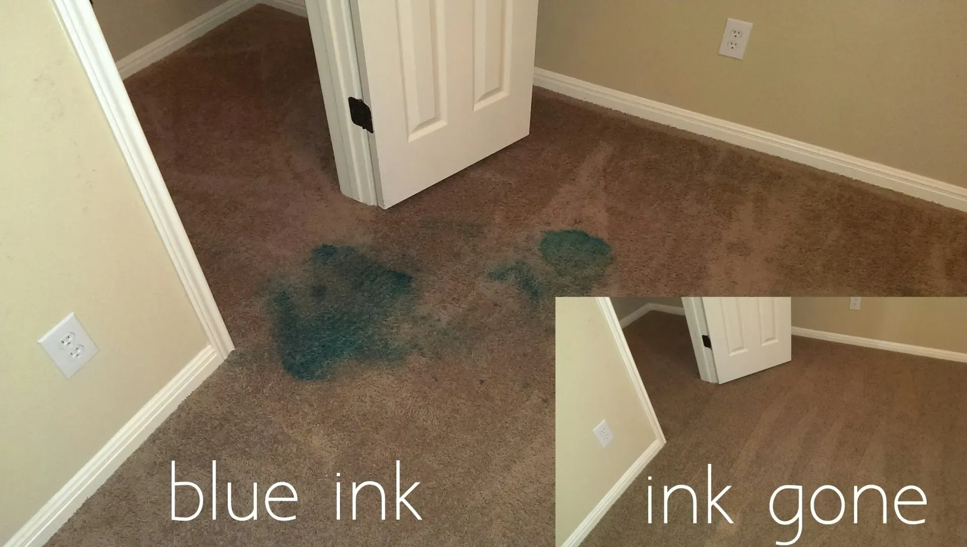 Carpet with blue ink spill before cleanup and after cleanup in a room doorway