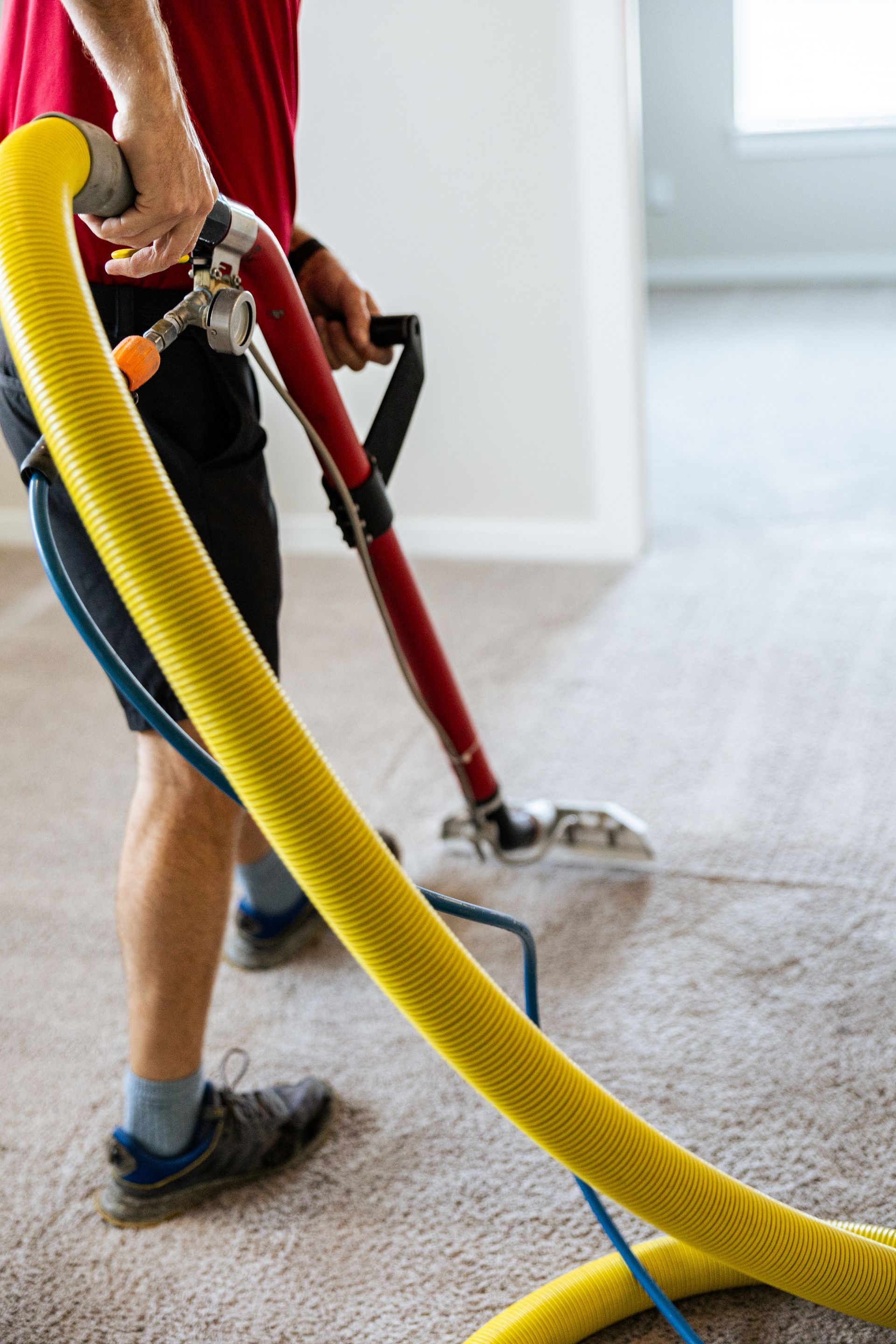 Person vacuuming a carpet with a red and yellow hose in a bright room