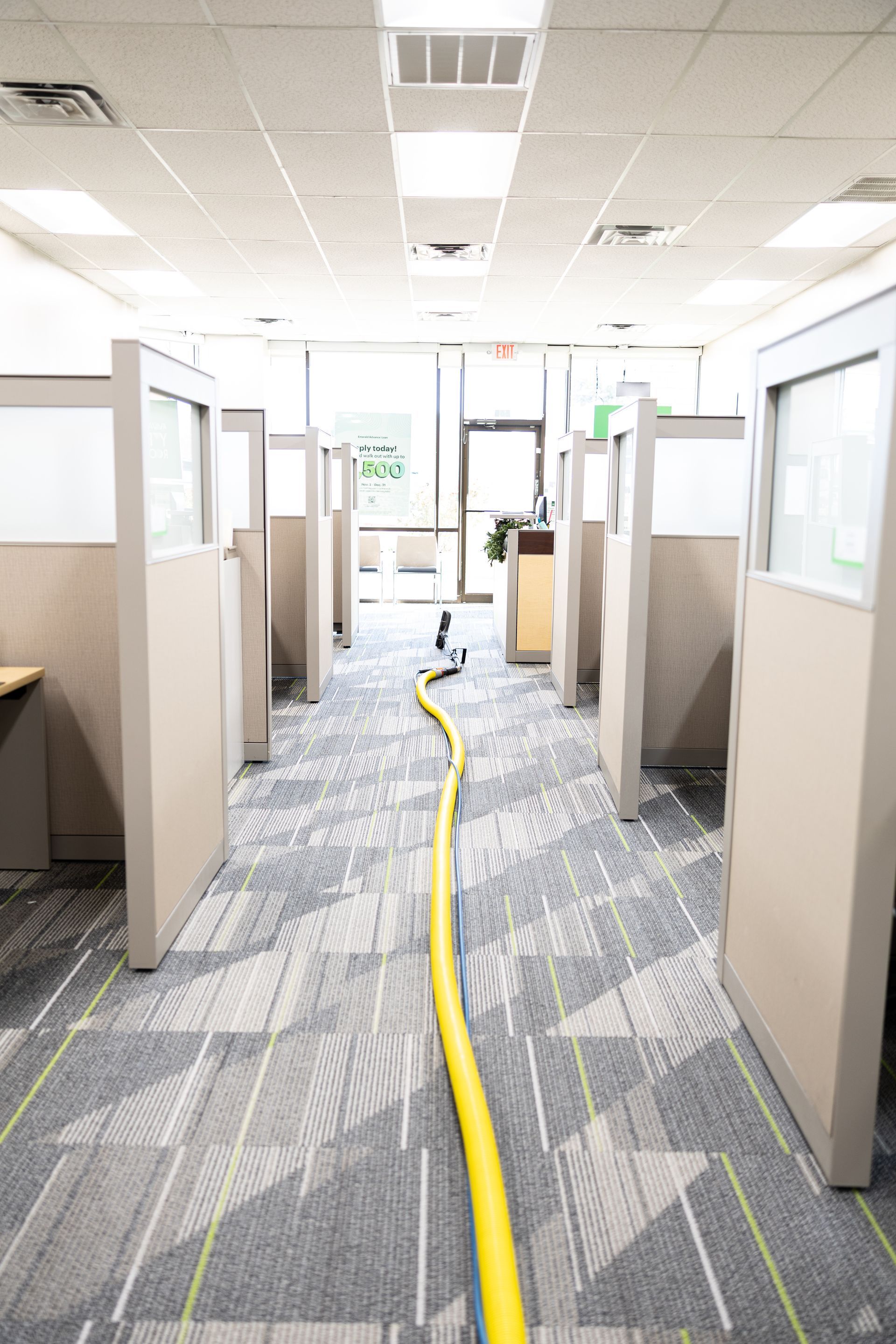 Office hallway with cubicles and a yellow cable running down the carpeted aisle