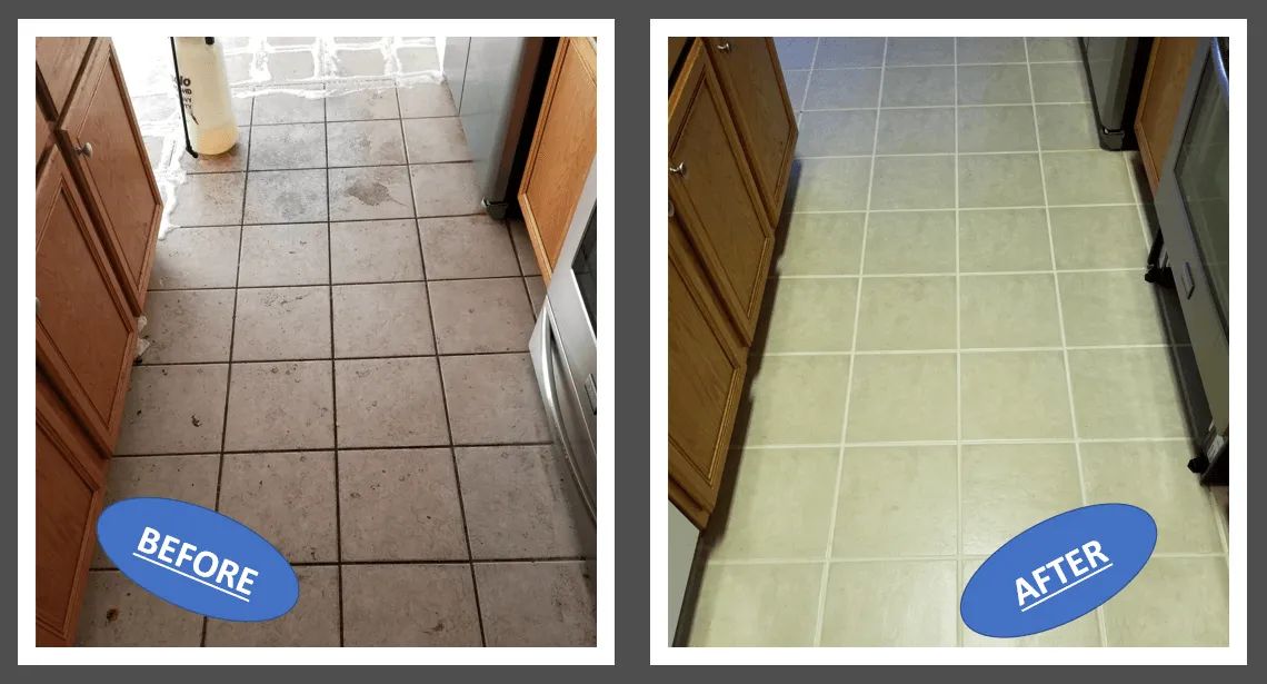 Before-and-after hallway floor cleaning, showing dirty tiles changed to clean, light-colored tiles.