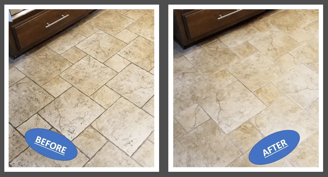 Split image of beige tile floor labeled “before” and “after,” showing a cleaner, brighter result