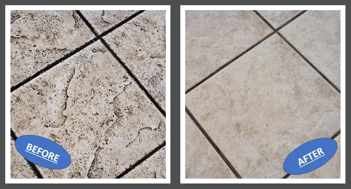 Before-and-after view of dirty tile floor cleaned to a lighter beige finish.