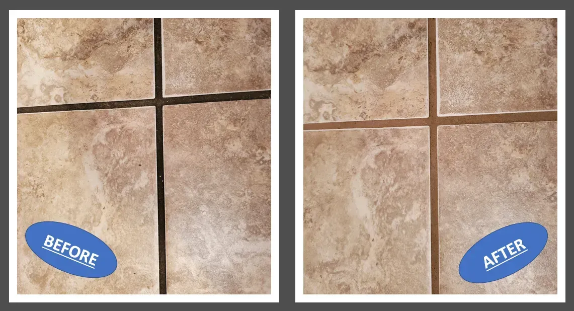 Before-and-after tile floor grout cleaning, with dark grout lines replaced by clean light lines.
