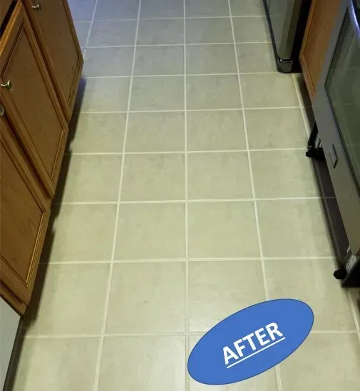 Kitchen floor with light beige tile and a blue “AFTER” label near the bottom right.