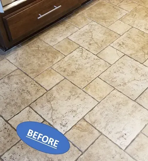 Beige tiled kitchen floor with a blue “BEFORE” label in the lower left.
