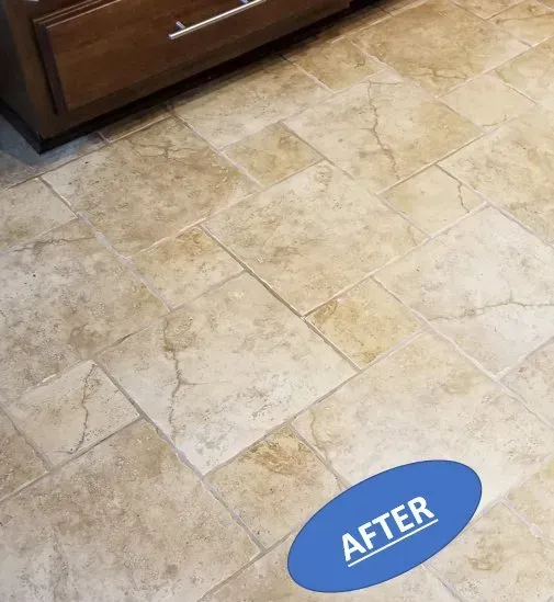 Beige tiled floor with a blue “AFTER” label in the lower right corner