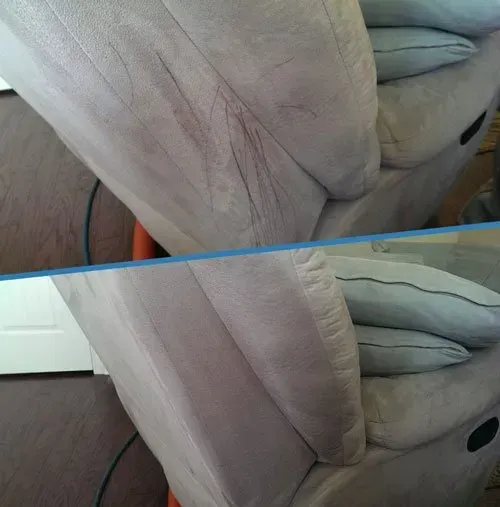 Close-up of a light gray sofa armrest with scuff marks, shown in two side-by-side views.