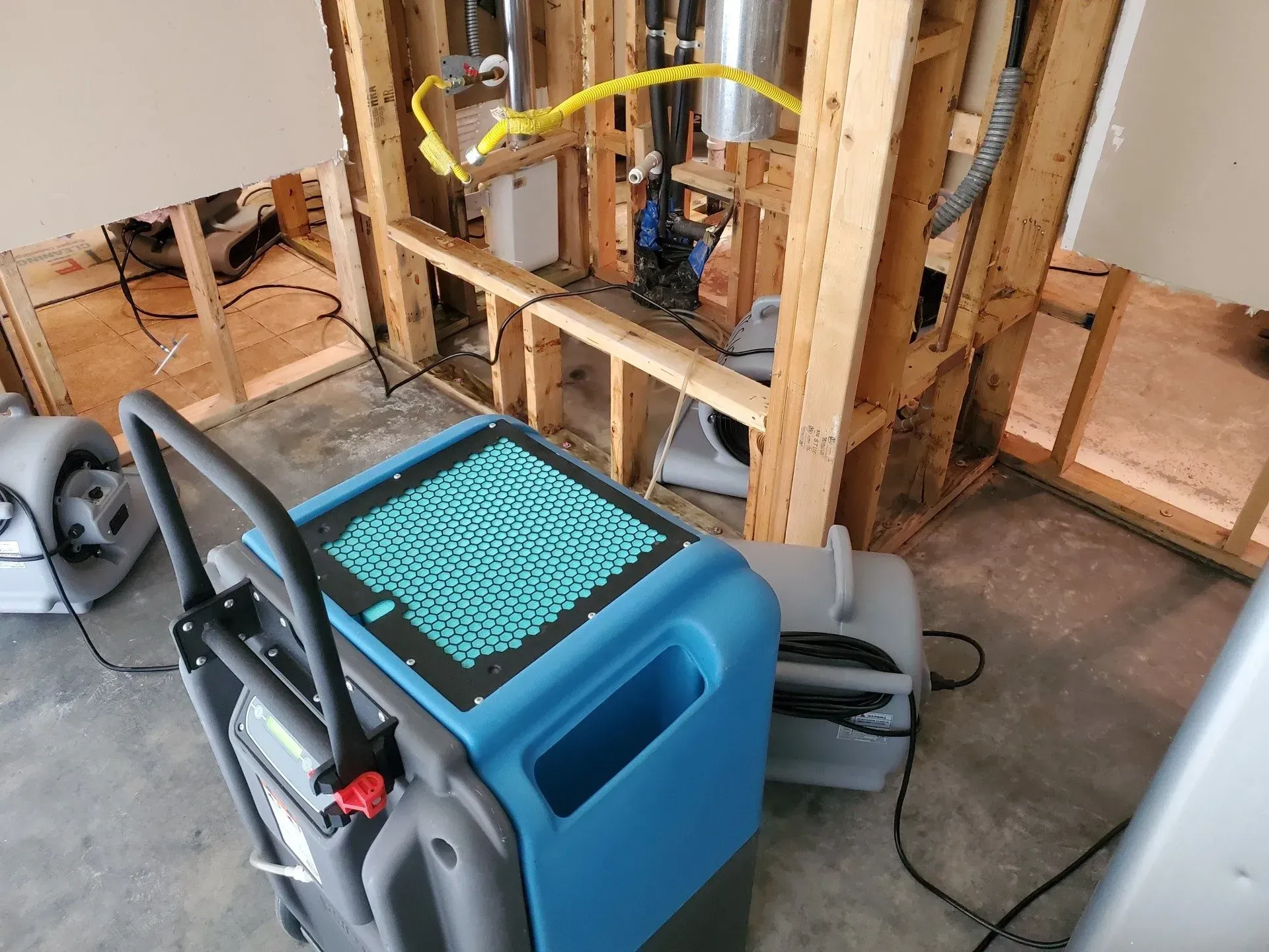 Blue carpet cleaner in a room under renovation, with exposed wall studs and tools visible.