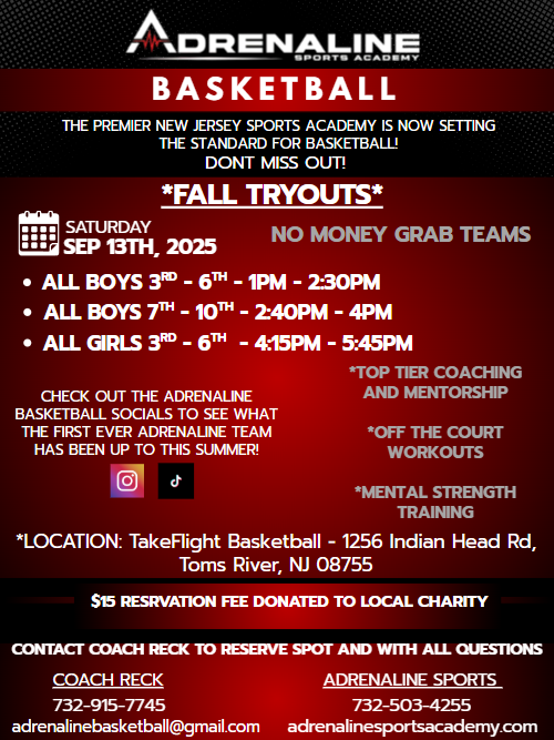 Flyer for Adrenaline Sports Academy basketball tryouts in Toms River, NJ, Sept 13, 2025. Includes age groups, times, & location.