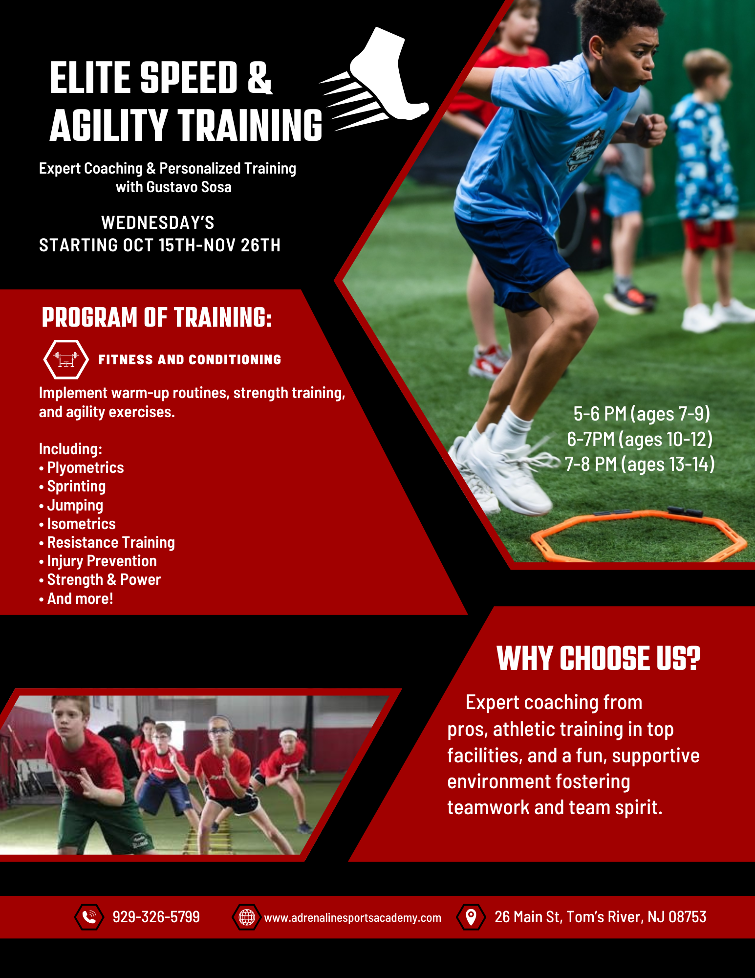 Flyer promoting elite speed and ability training with athletes in a training session.