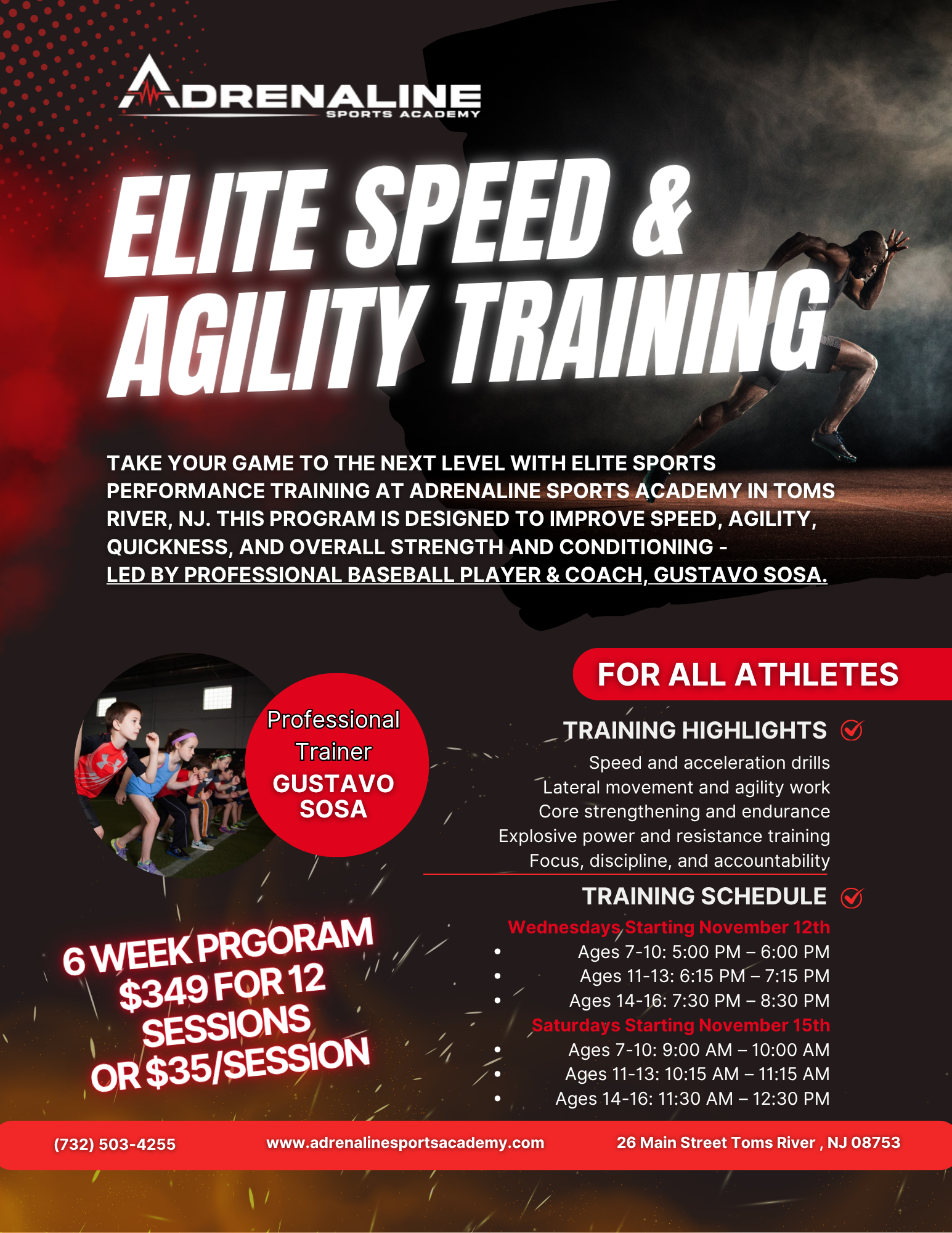 Adrenaline Elite Speed & Agility Training flyer. Features sprinting figure, athletes, and training schedule in red, white, and black.