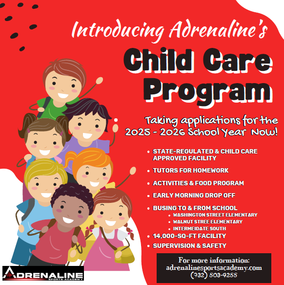 An advertisement for adrenaline 's child care program