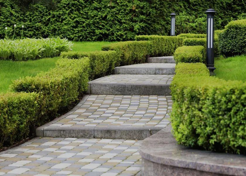 a brick walkway surrounded by bushes and trees in a garden
