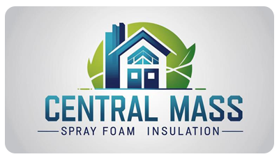 Logo for Central Mass Spray Foam Insulation, featuring a house silhouette in shades of blue against a green backdrop.