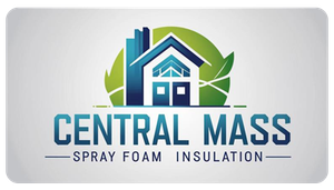 Logo for Central Mass Spray Foam Insulation, featuring a house silhouette in shades of blue against a green backdrop.