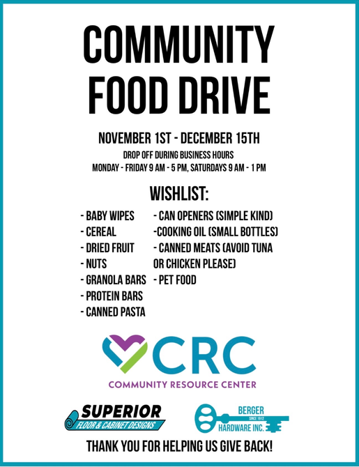 Flyer for a community food drive: November 1st-December 15th, lists wishlist items like baby wipes, cereal, canned goods, and pet food.