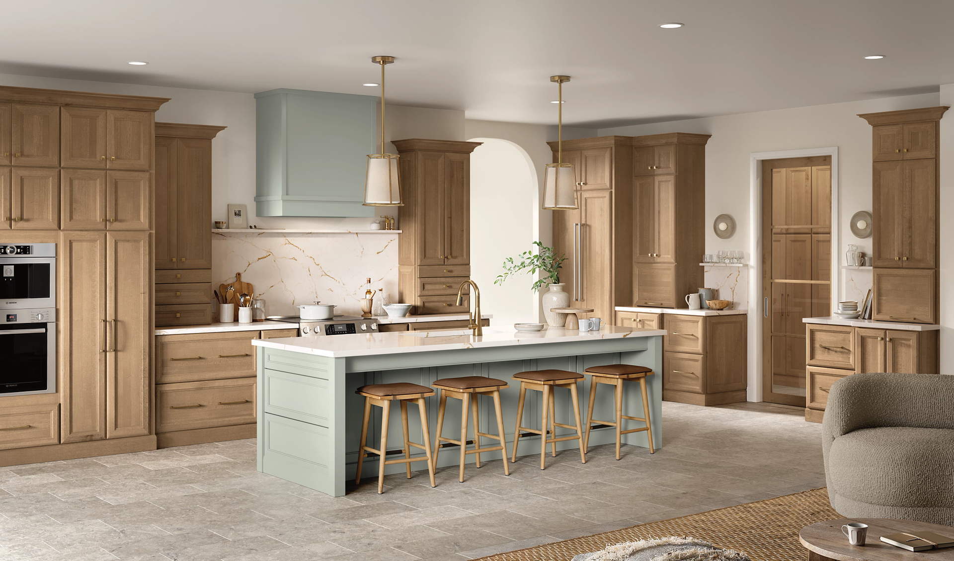 A kitchen with wooden cabinets and a large island in the middle of the room.