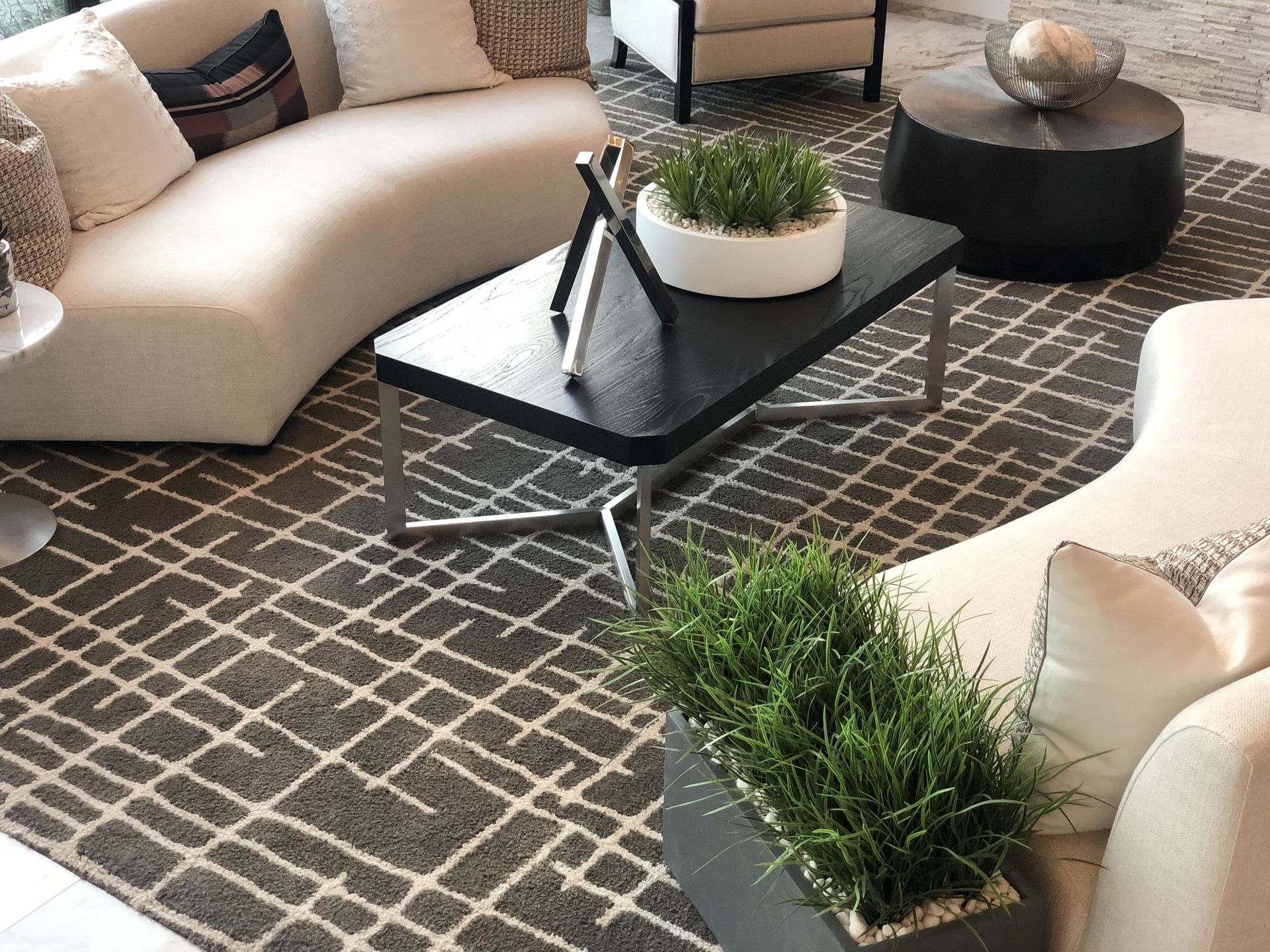 A living room with a couch and a coffee table