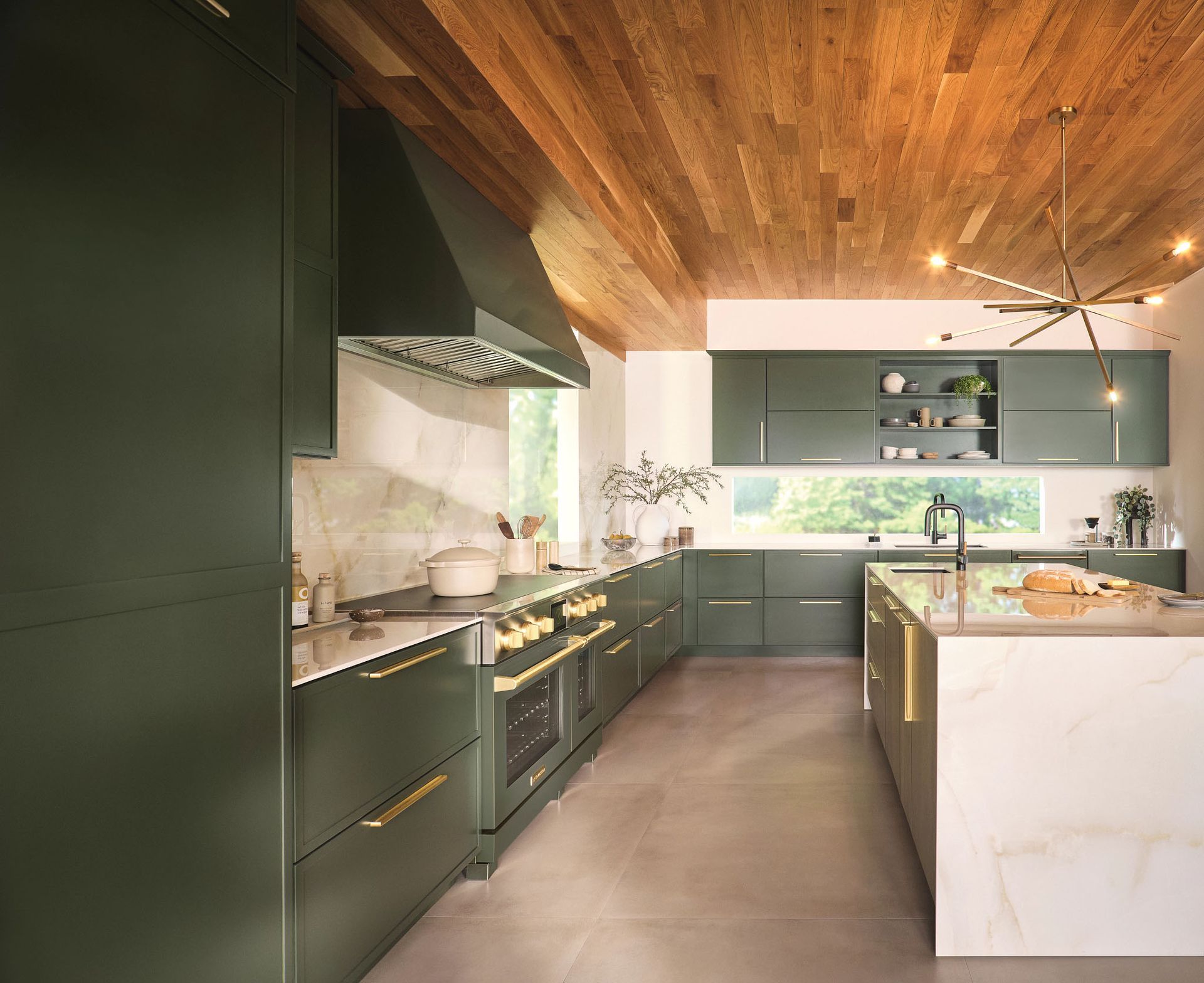 A kitchen with green cabinets and a wooden ceiling