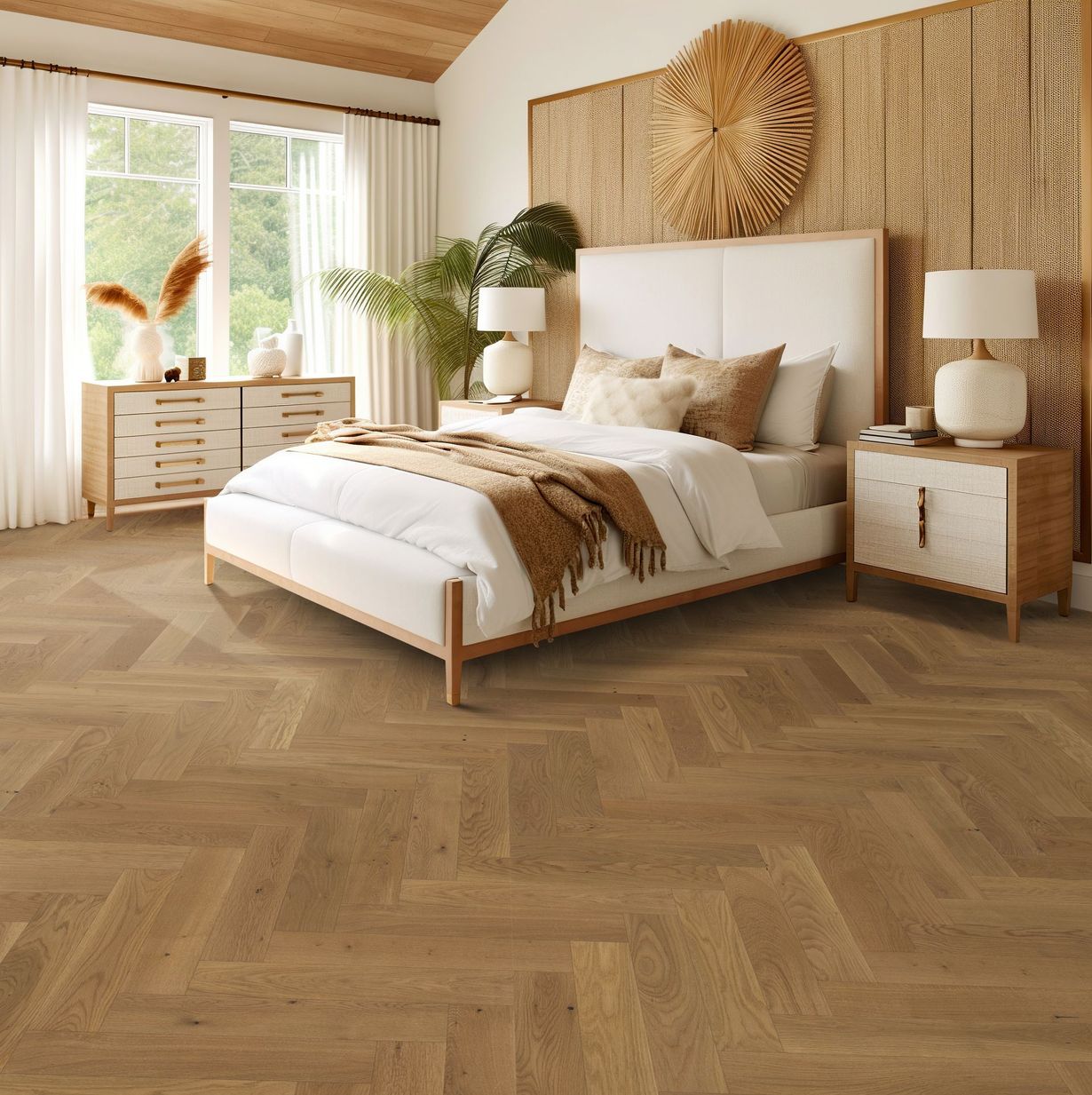 A bedroom with a bed , nightstands , lamps and a wooden floor.