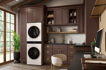 A laundry room with a washer and dryer stacked on top of each other.