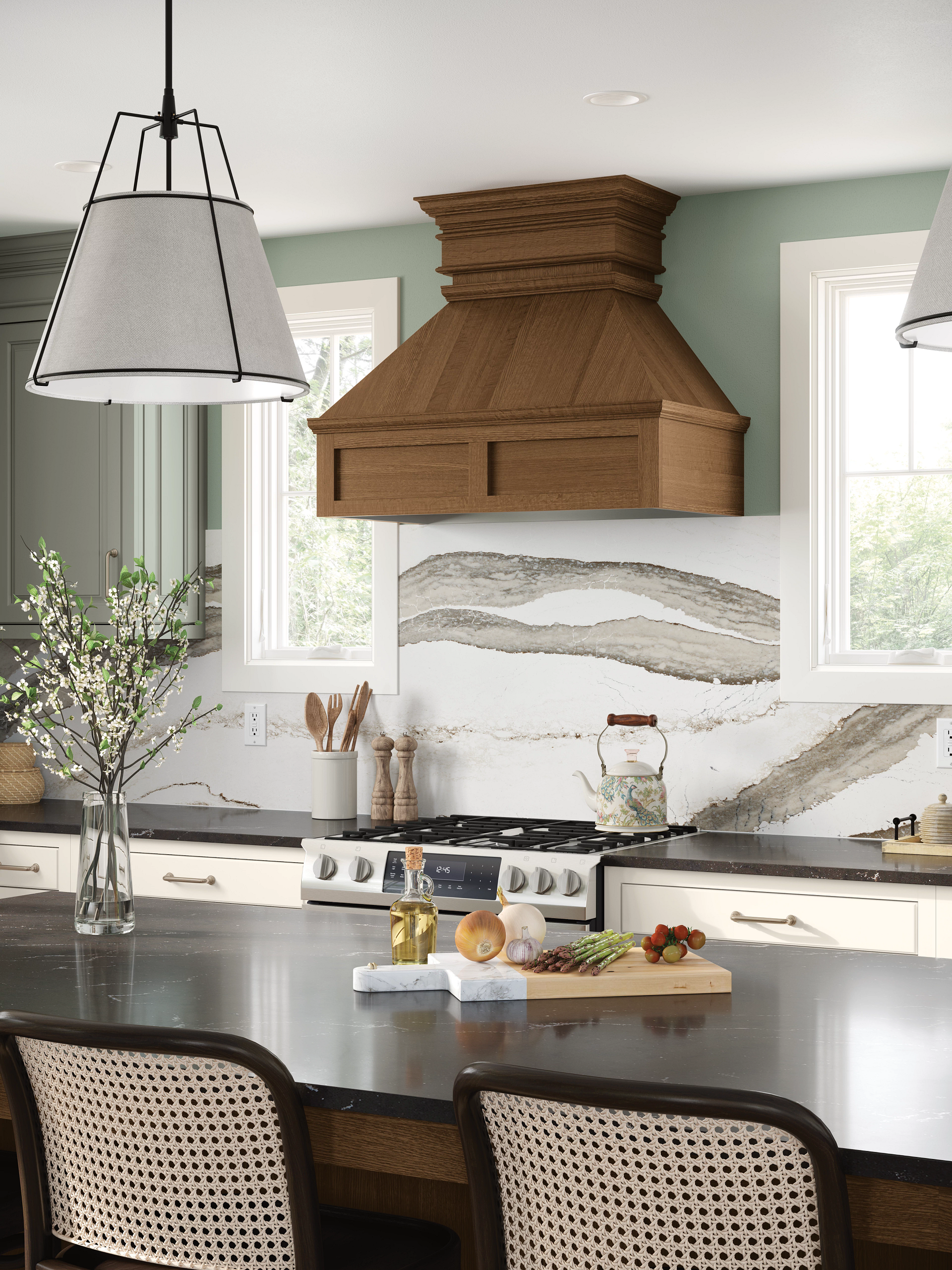 A kitchen with a wooden hood and a stove top oven