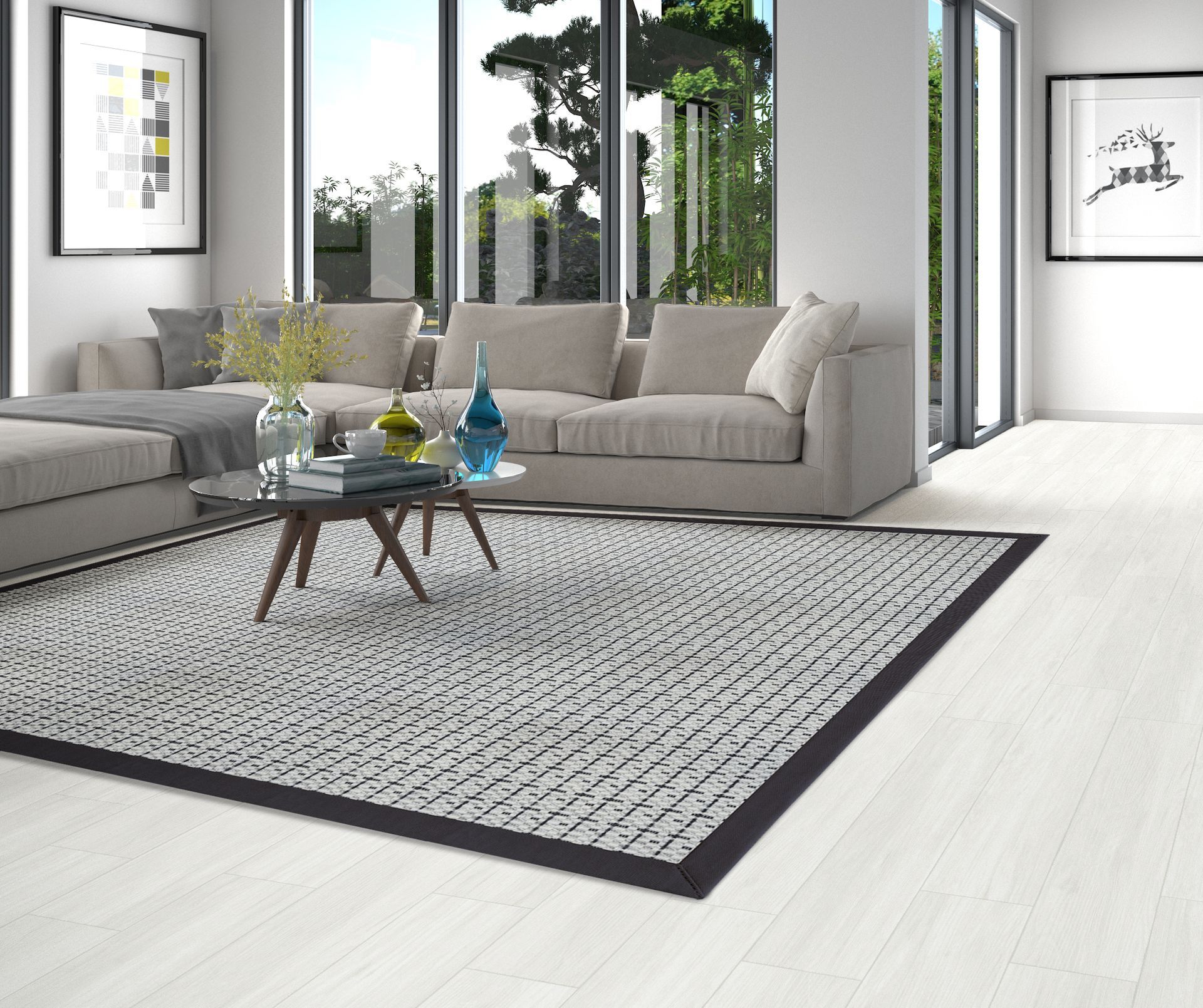 A living room with a couch , coffee table , and rug.