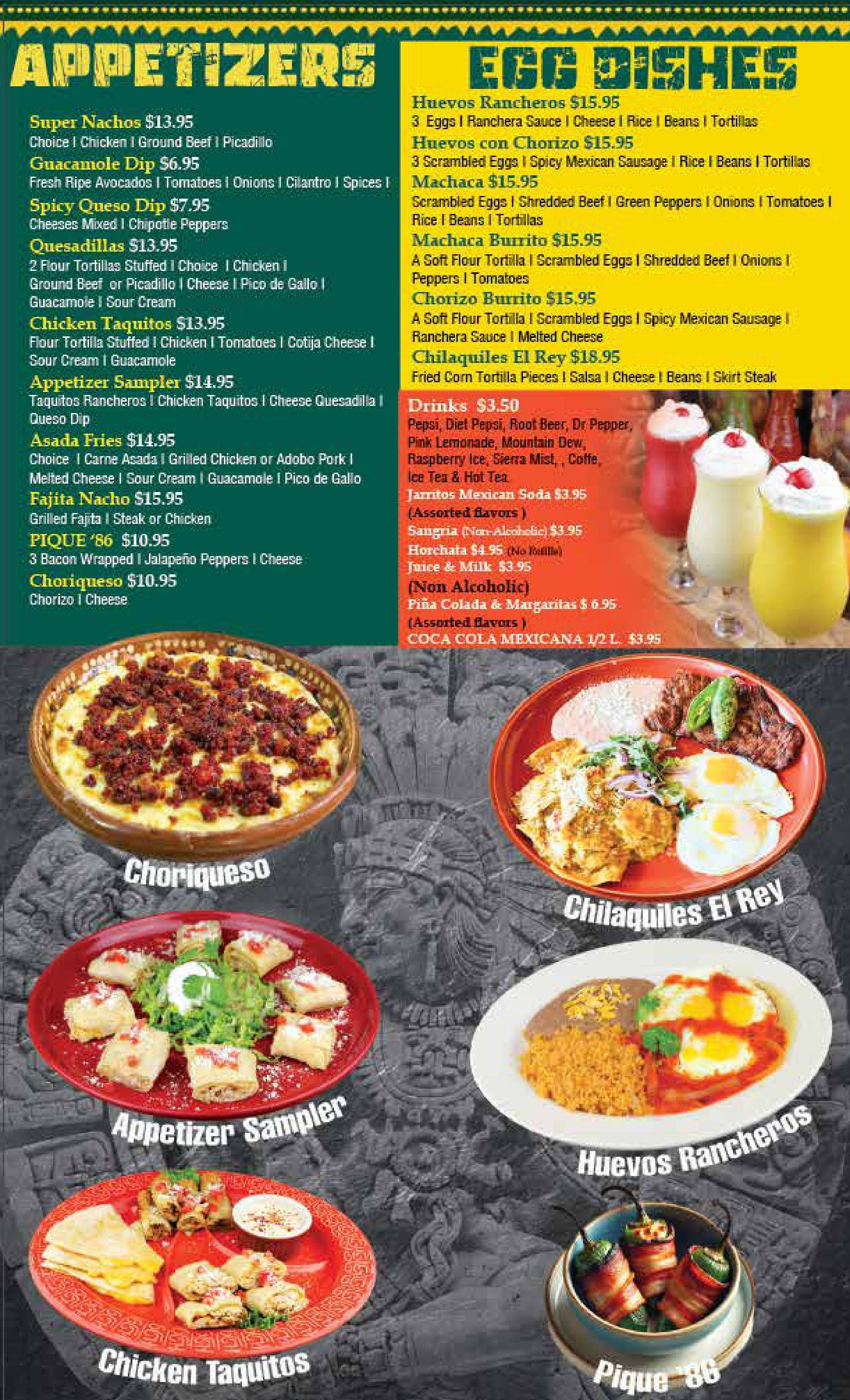 A menu for a restaurant shows appetizers and egg dishes.
