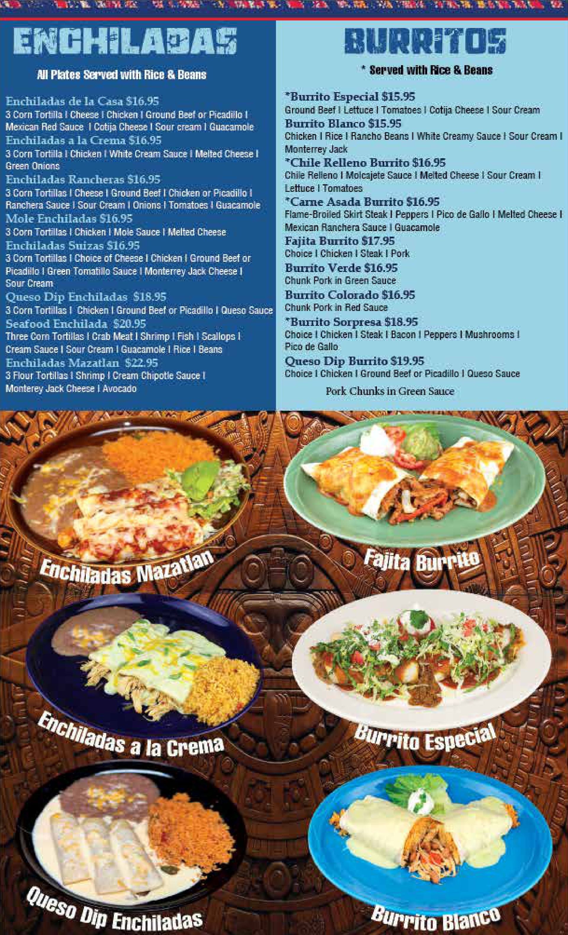 A menu for a mexican restaurant shows enchiladas and burritos.