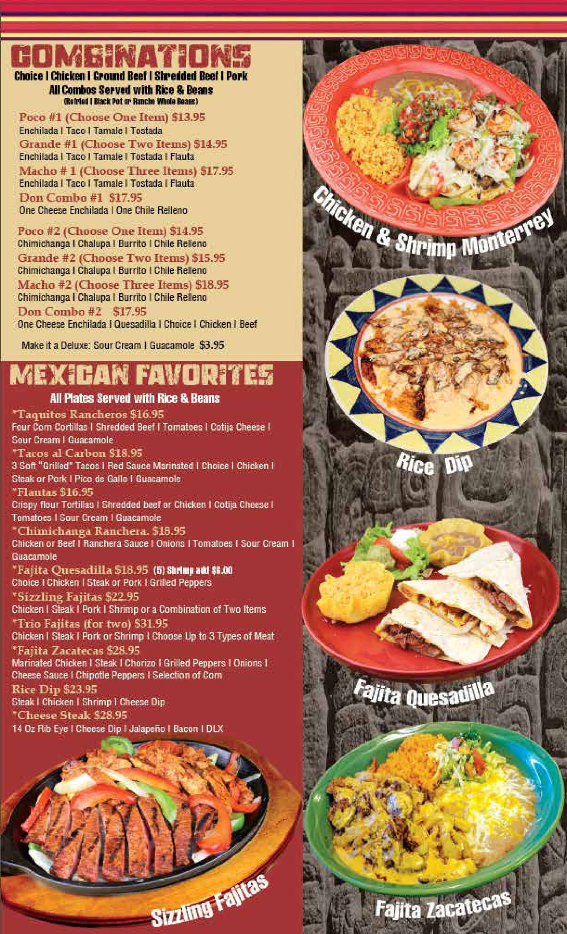 A menu for a mexican restaurant with a variety of mexican food.