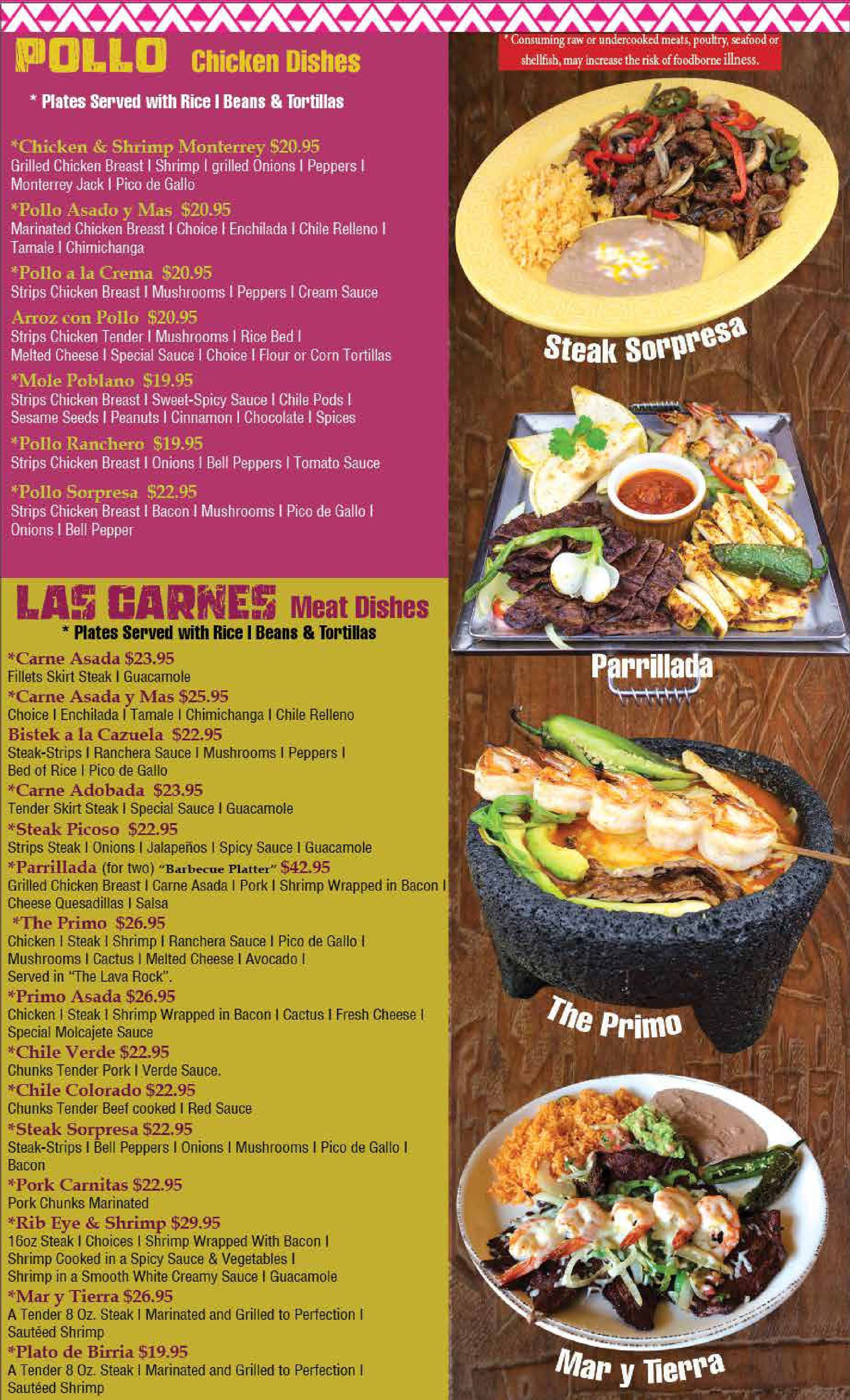 A menu for a mexican restaurant shows a variety of food.