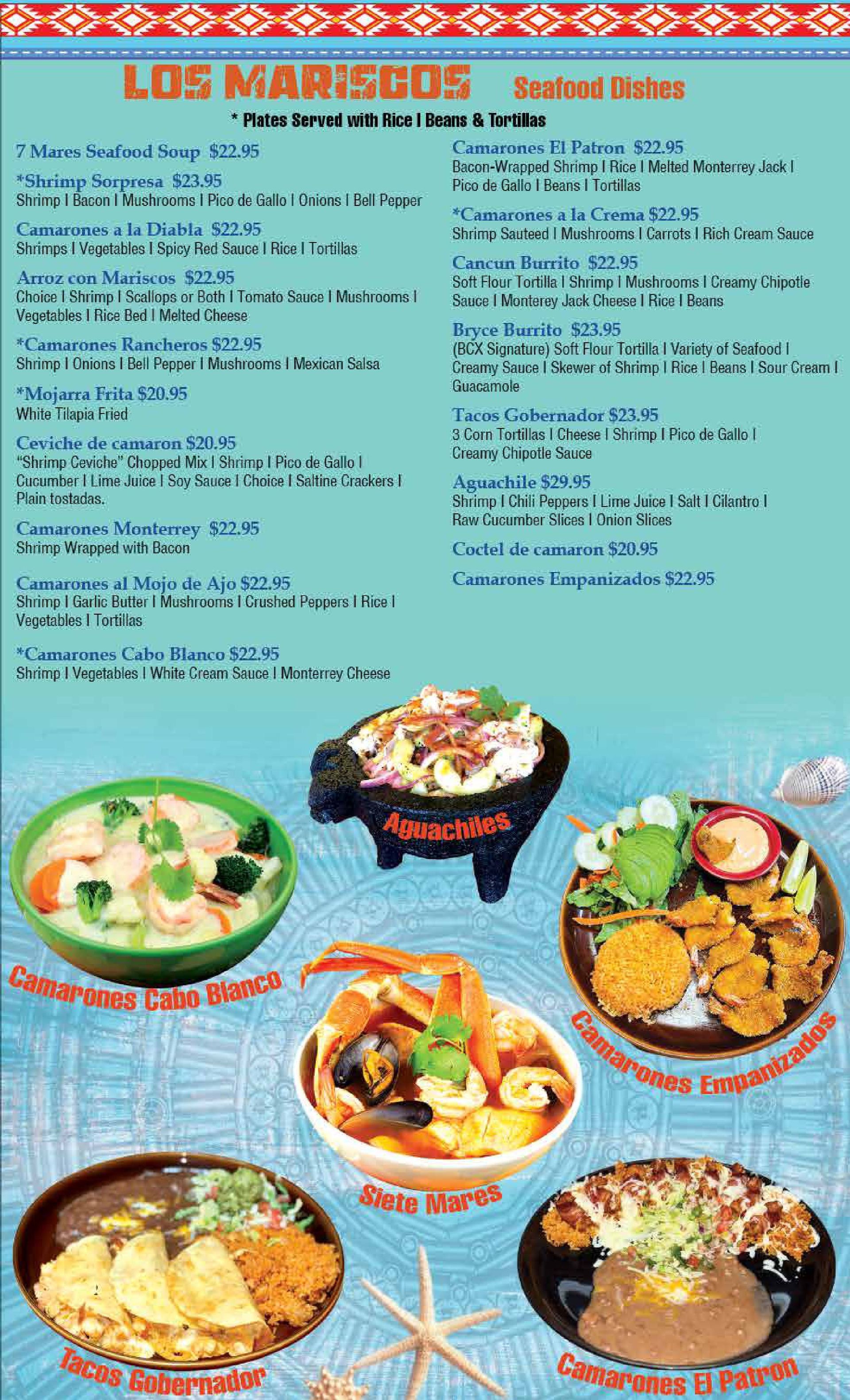 A menu for a restaurant shows a variety of seafood dishes