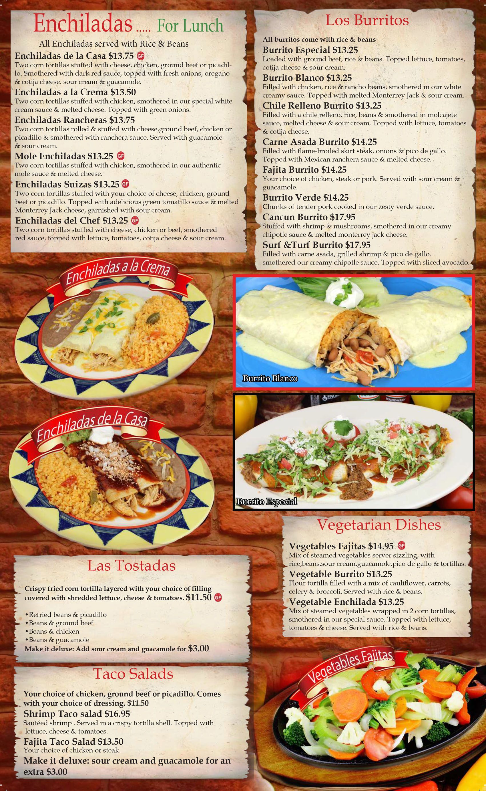 Washington Enchiladas, Burritos, Tostadas, Vegetarian, and Taco Salads