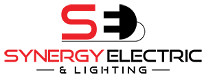 The logo for synergy electric and lighting is red and black.