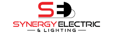 A red and black logo for synergy electric and lighting