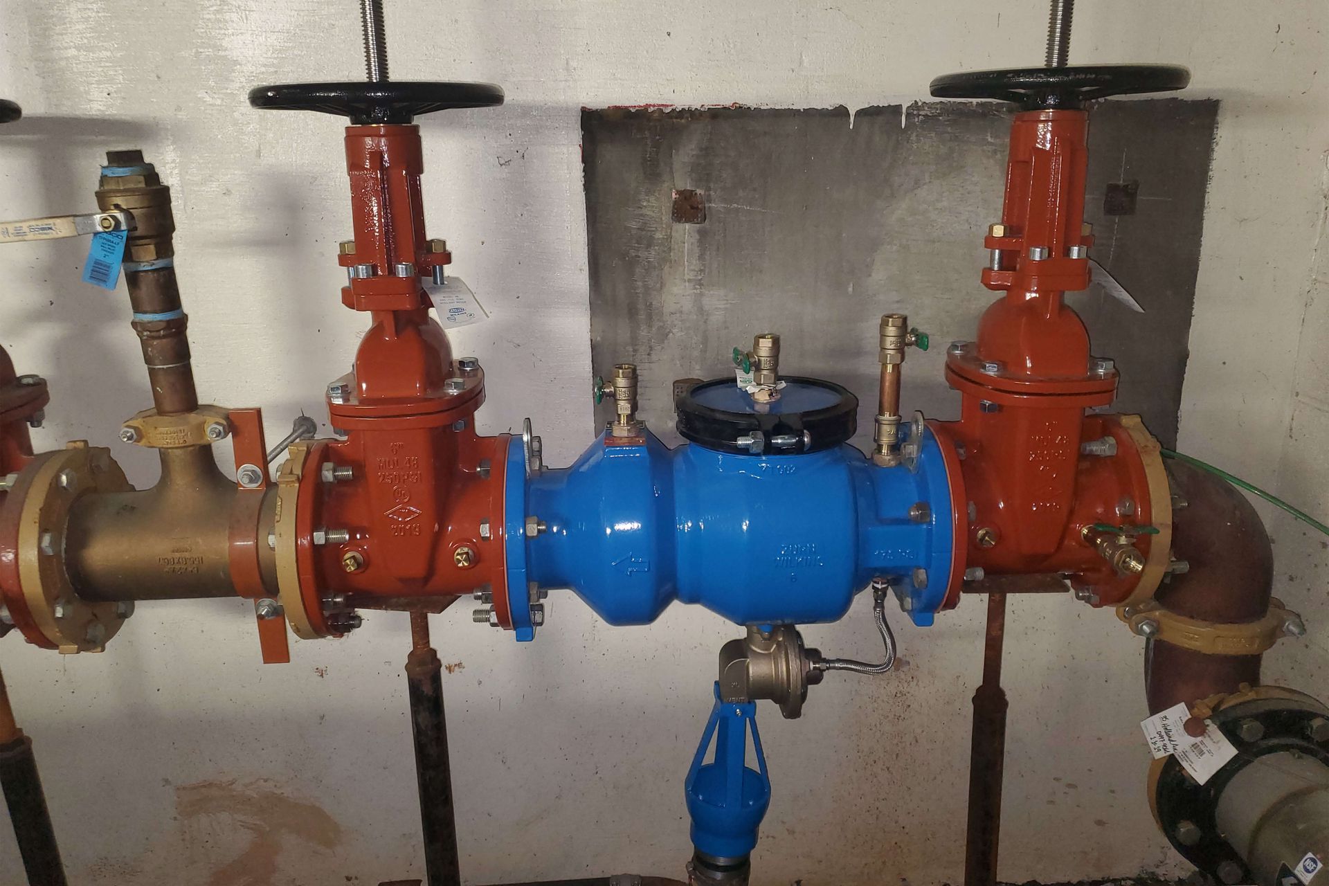 Plumbing system with red and blue valves, installed against a wall.