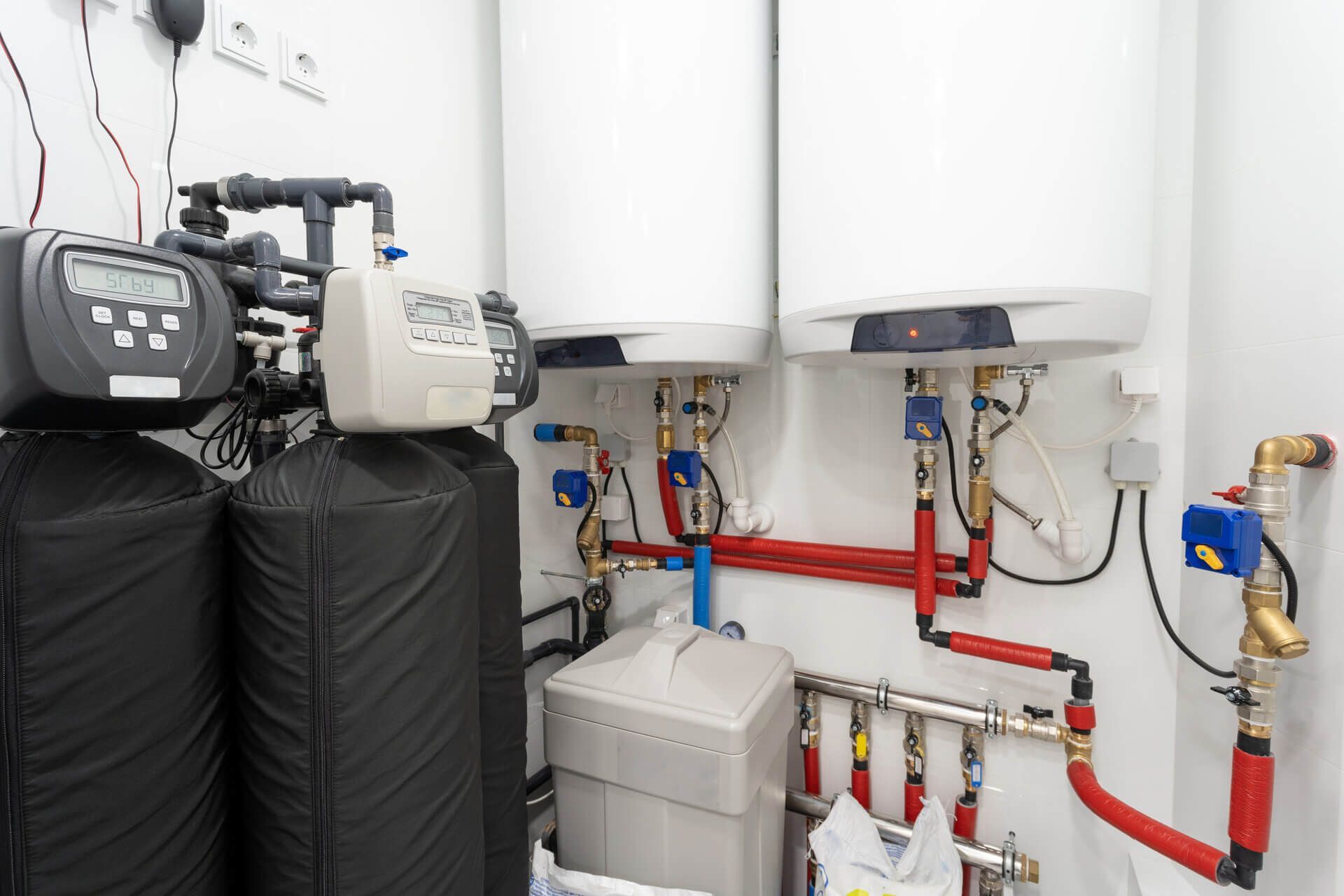 Plumbing system with water softeners, water heaters, and pipes in a white room.