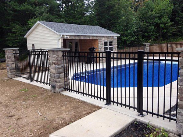 Backyard with a blue pool, black safety fence, and small shed near trees