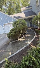 Front yard landscaping with a curved stone path, trimmed shrubs, and a blue house exterior